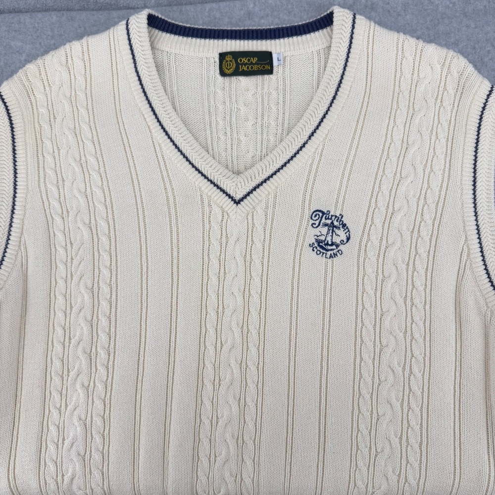 Oscar Jacobson Turnberry Scotland Golf Sweater Vest Mens Large Cream Cable Knit